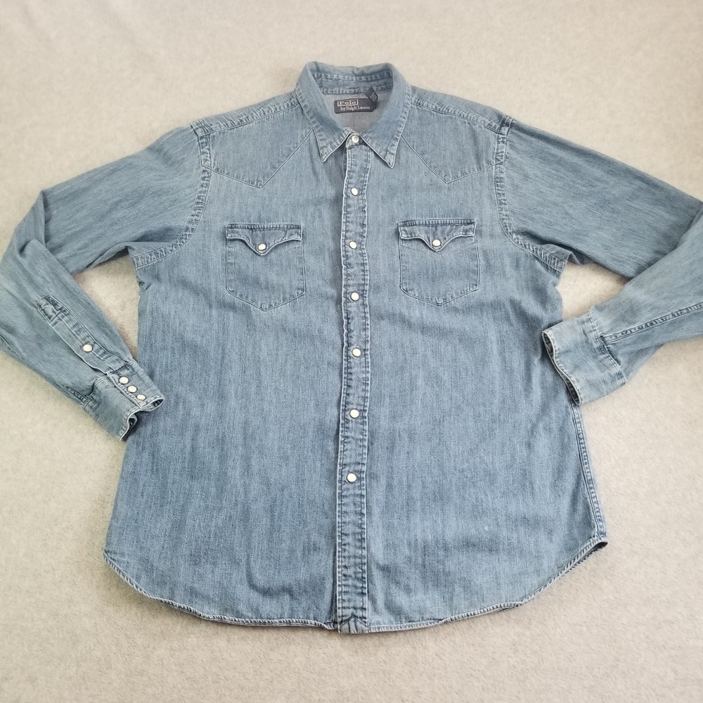 VTG Polo Ralph Lauren Shirt Mens Extra Large Blue Denim Western Pearl Snap 90s